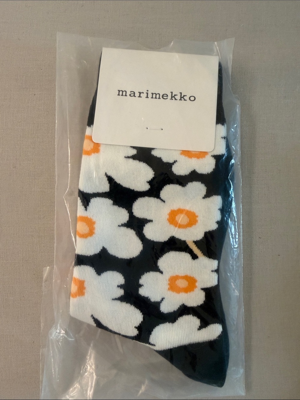 Marimekko Men's Black, White & Orange Floral Crew Socks